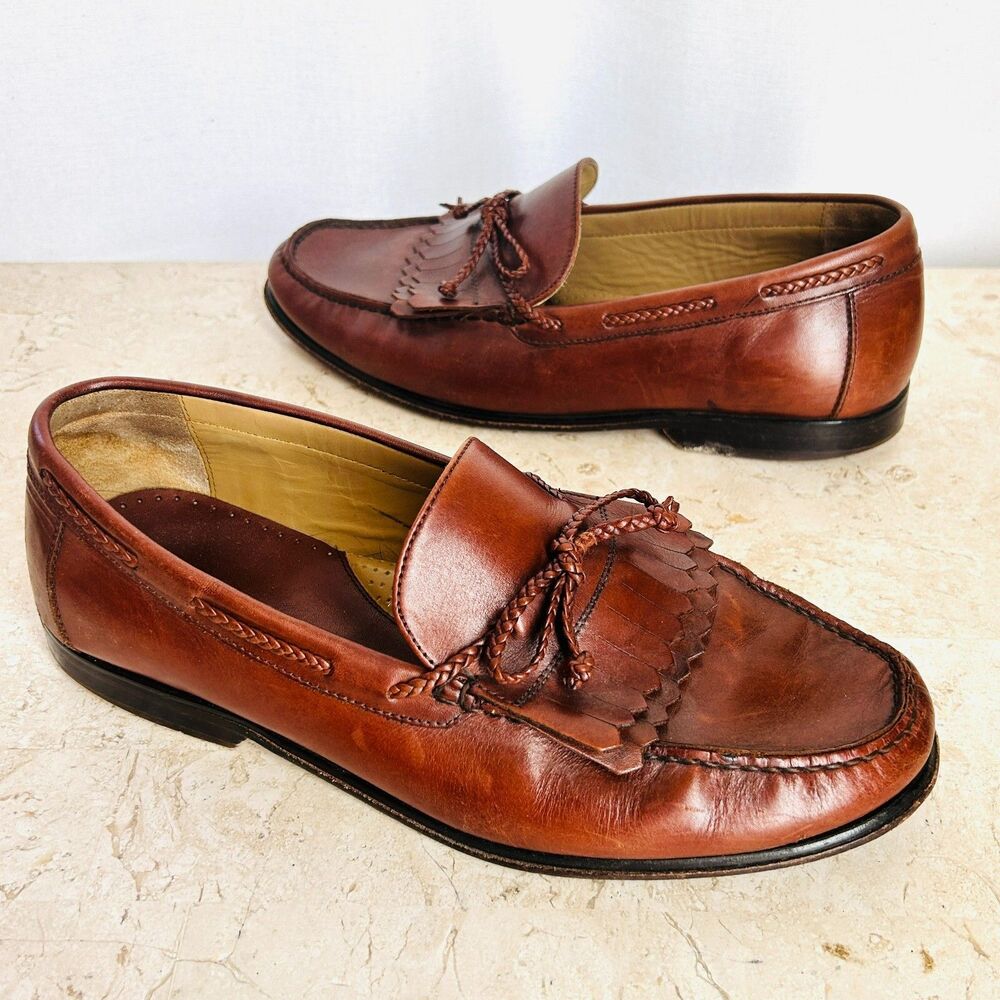 Johnston Murphy Mens Shoes 11 Brown Leather Loafers Double Kiltie Braided Bow